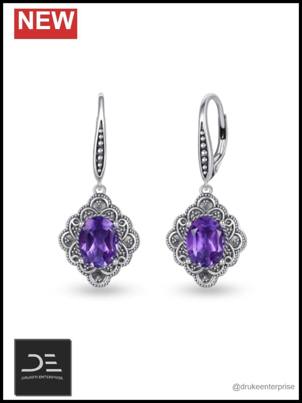 Genuine Amethyst Dangle Earrings 925 Sterling Silver Vintage Jewelry for Women
